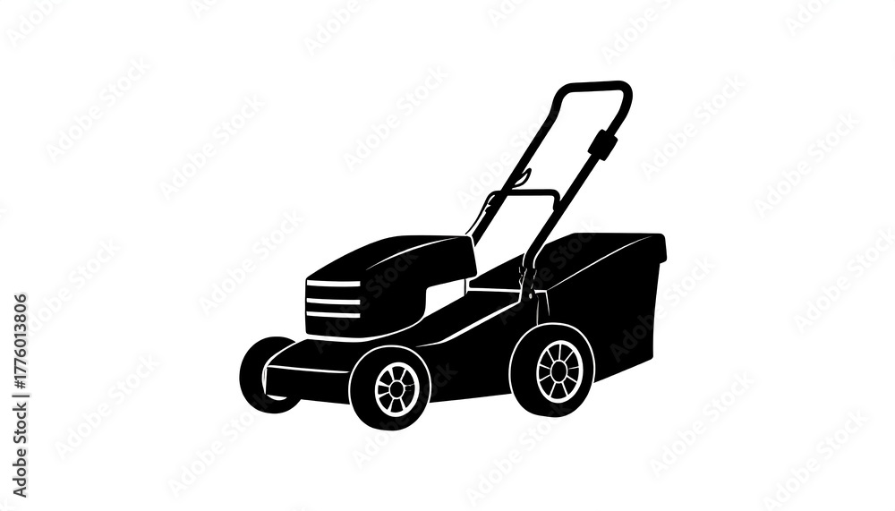 Fototapeta premium Black silhouette of a lawnmower, side view, with handle and grass collecting bag on a white background