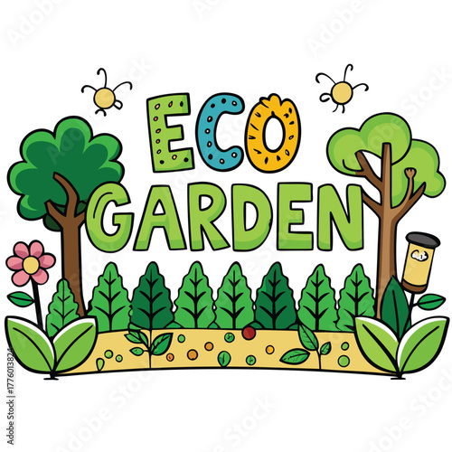 Educational cartoon illustration of a sustainable eco-friendly garden concept isolated on white
