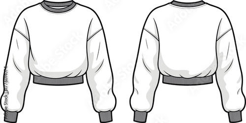 Crop sweatshirt front and back technical flat sketch, casual fashion cad drawing, long sleeve top vector illustration, clothing design template