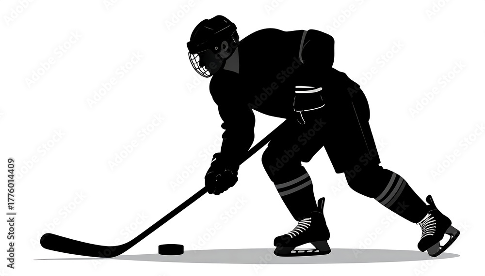 Fototapeta premium Black silhouette of hockey player in stance, stick to puck, in action, on ice, against a white background