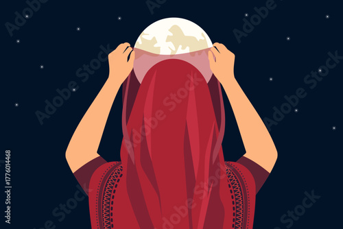 Woman in sari lifting veil under moon light of celestial festival night with holy lunar sighting, prayer and faith. Islamic Eid or Hindu Karva Chauth celebration of devotion, culture, and spirituality
