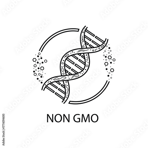 Non-GMO label with DNA helix icon in minimalist line-art style, symbolizing natural, organic, and genetically unmodified products. Ideal for food packaging, biotechnology, and eco-friendly branding.