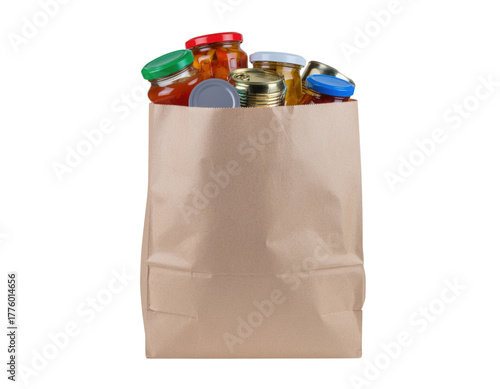 A paper bag filled with various jars, showcasing colorful lids and a variety of contents.