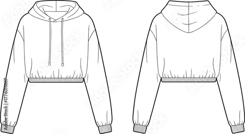 Cropped hoodie front and back flat sketch, fashion cad drawing, long sleeve sweatshirt vector illustration, casual apparel design template, mockup