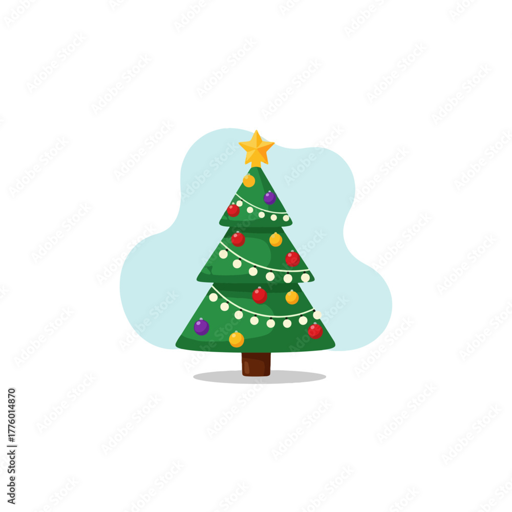 Fototapeta premium Festive Christmas tree illustration with star, colorful ornaments, and sparkling lights, holiday season