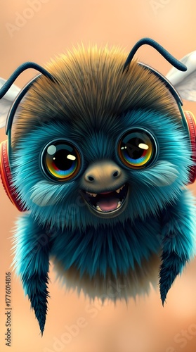 Cute Furry Monster with Headphones and Big Eyes