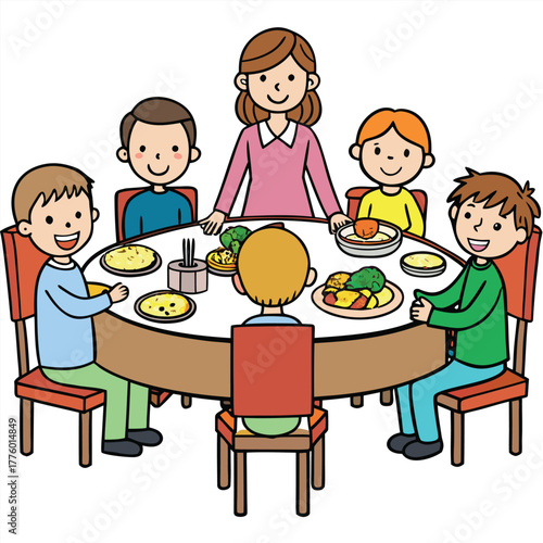 Family dining together around a table enjoying a meal and conversation