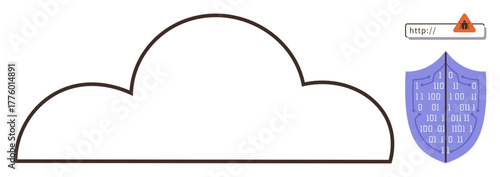 Cloud outline with warning alert triangle and URL bar next to binary code shield. Ideal for cybersecurity, data protection, internet safety, secure storage, encryption, online privacy, secure