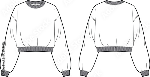 Cropped sweatshirt front and back flat sketch, casual fashion cad drawing, long sleeve pullover vector illustration, women apparel design template mockup