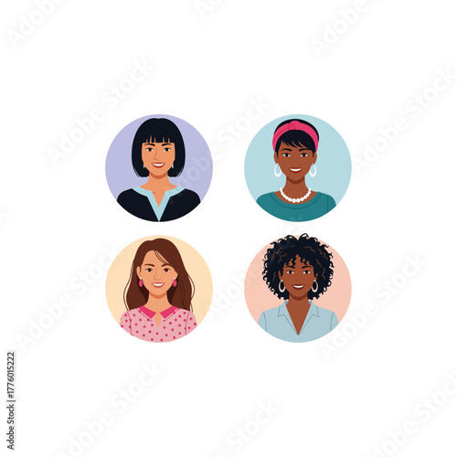 Diverse women avatar set, female user profile portraits, multi-ethnic illustration collection, professional characters