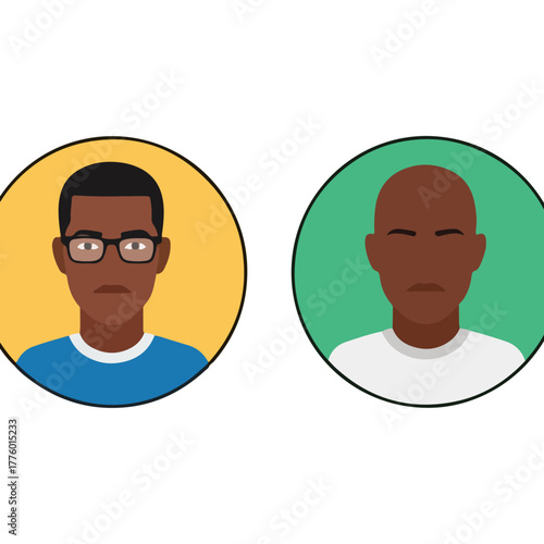 Diverse male avatar icons, minimalist design, with and without glasses, flat style, vector illustration