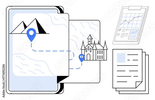 Digital map with route from mountains to castle, clipboard with analytics, and documents. Ideal for travel, navigation, itinerary planning, tourism, strategy research and education. Simple flat