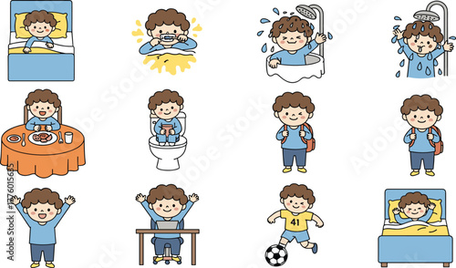 Cute little boy daily routine illustration showing waking up, brushing teeth, showering, eating breakfast, going to school, studying, playing, sleeping