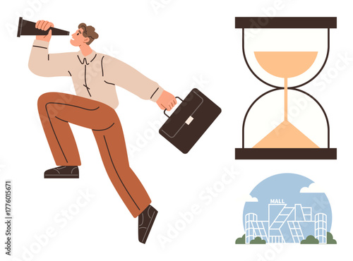 Man carrying a briefcase, peering through a telescope, running past a giant hourglass toward a futuristic mall. Ideal for business, time management, future planning, urgency, vision, goals