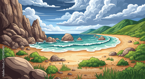 Coastal landscape illustration, sandy beach, rocky cliffs, lush green hills, ocean waves, dramatic clouds, hand-drawn style, nature scenery design
