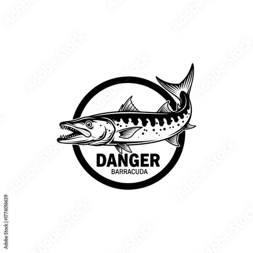 Black and white barracuda fish vector logo, sharp teeth, danger warning, marine predator icon design
