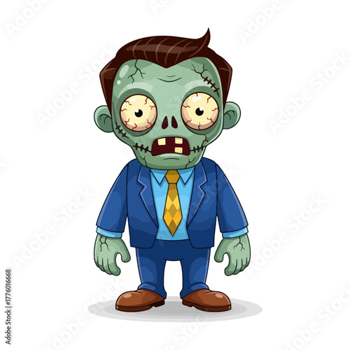 Cartoon zombie character in business suit, cute spooky halloween monster with green skin and tie