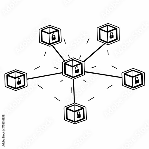 A network of cybersecurity nodes connected digitally with locks
