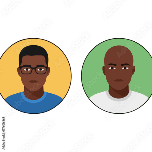 Diverse flat design vector avatars of young adult Black men, professional user profile portraits