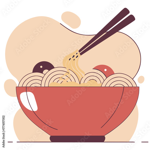 A vector illustration of a bowl of noodles and chopsticks