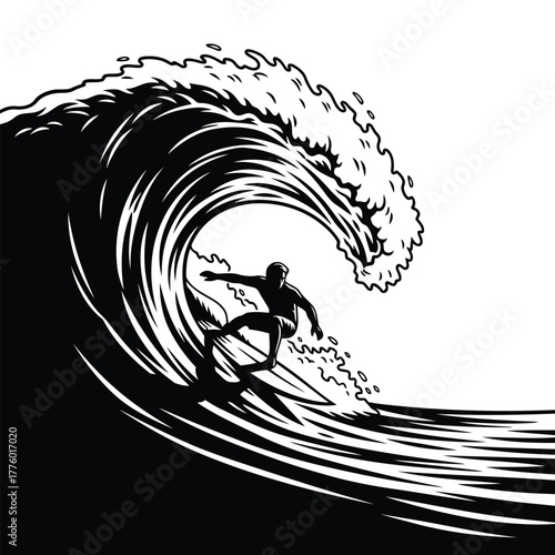 Silhouette of a surfer riding a large wave, black and white