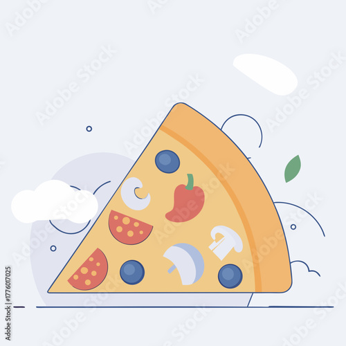 A vector illustration of a pizza slice with toppings