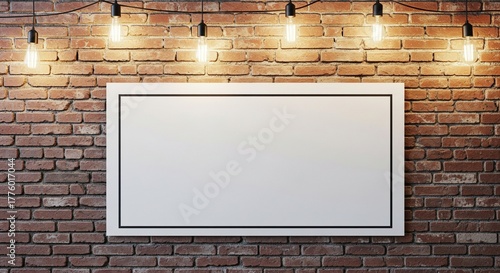 Blank horizontal poster mockup with frame on brick wall illuminated by string lights
