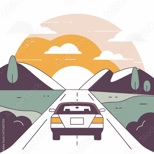 A white car driving on a road at sunset with mountains