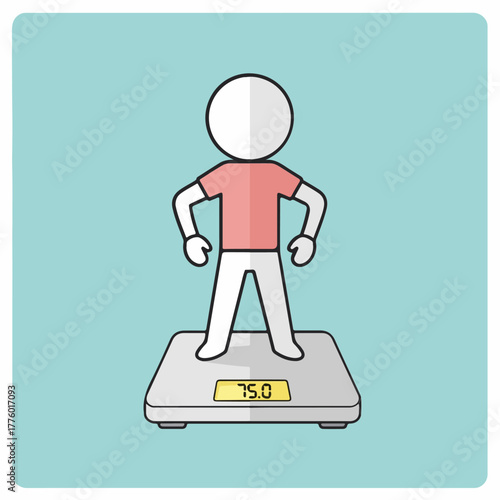 Person standing on a digital bathroom scale displaying 75.0 with a minimalist design, set against a light blue background, health and fitness concept.