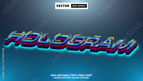 Hologram futuristic neon glow style 3d editable vector text effect. Customizable neon glow typography design for cyberspace game headline and youth techno marketing template.