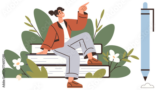 Young woman in casual outfit sitting on a stack of books, pointing ahead, surrounded by greenery and flowers. Ideal for education, growth, inspiration, creativity, vision, optimism simple flat