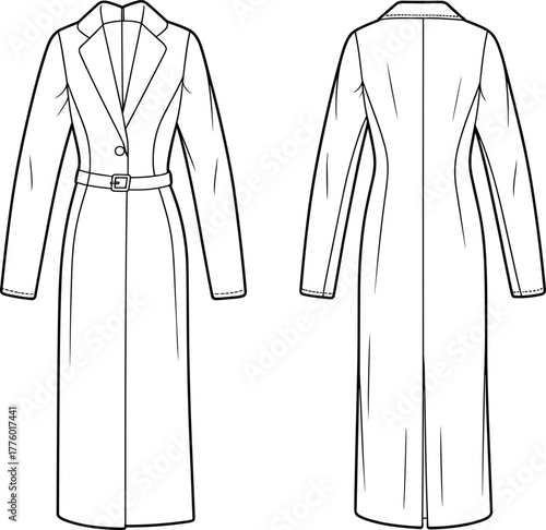 Elegant long trench coat with belt and lapel collar, fashion technical drawing front and back view, cad drawing flat vector illustration