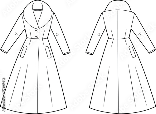 Elegant long women coat fashion design, technical flat sketch, outerwear template, winter trench coat front and back view, CAD drawing vector illustration