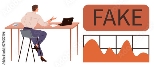 Man seated at desk analyzing laptop data near fake text and graph representation. Ideal for fraud detection, misinformation awareness, data verification, analytics, cybersecurity, education