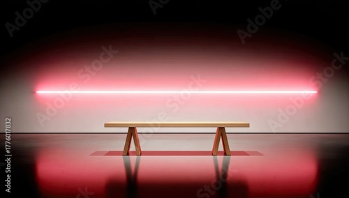 A wooden bench sits before a vibrant pink neon light installation.