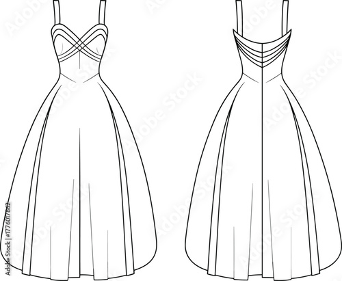Elegant sleeveless midi dress CAD fashion flat sketch, cross bodice design, technical clothing vector template for women fashion illustration