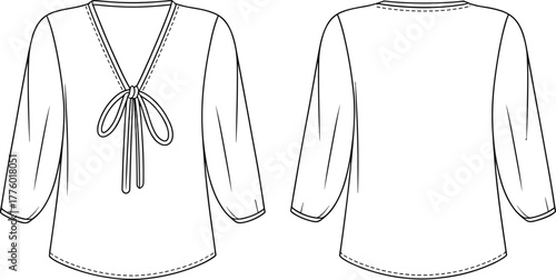 Elegant women blouse CAD fashion flat sketch, v-neck top with front tie detail, stylish apparel vector technical design illustration