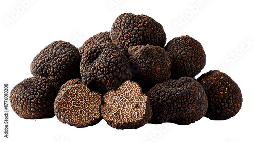 A pile of fresh black truffles isolated on transparent background