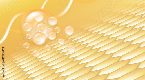 Hyaluronic acid and Niacinamide skin solutions ad, gold collagen serum drops into skin cell with cosmetic advertising background ready to use, illustration vector.