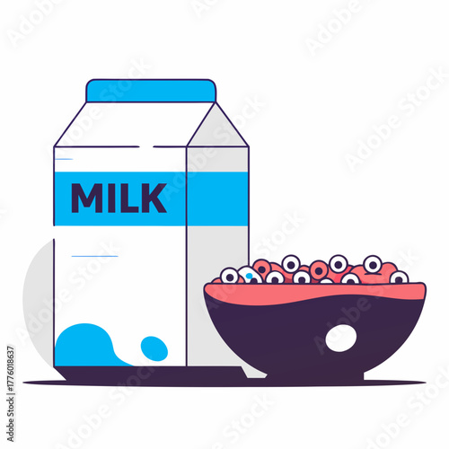 Milk carton and bowl of cereal in vector illustration