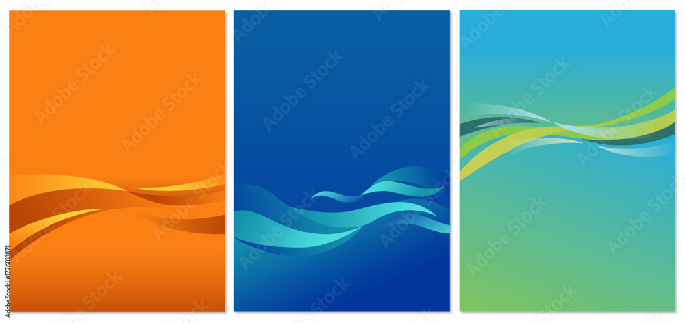 Obraz premium Digital wallpaper (Wallpaper) in orange, yellow, blue, navy, green with an abstract wavy or curved pattern, used for background.