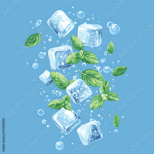 Refreshing mint gum with ice cubes and bubbles floating together on a blue background   , vector style simple color