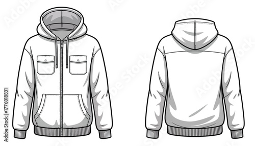 Technical flat vector illustration of men’s hooded zip-up jacket with chest pockets and front pouch, ideal for fashion design template, clothing sketches, apparel branding, digital mockups, and design
