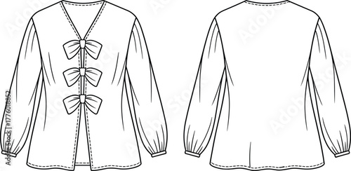 Fashion blouse front and back flat sketch with bow tie closure, long puff sleeves, detailed sewing lines, garment CAD drawing illustration