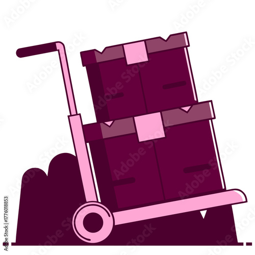 Pink hand truck carrying two boxes in simple vector style