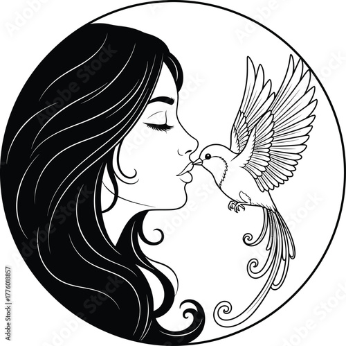 Woman kissing bird drawing vector illustration black and white art eps silhouette