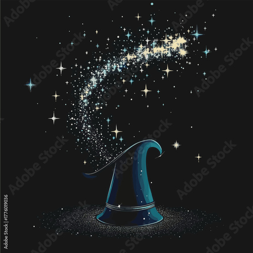 Enchanting magic hat and wand producing sparkles and stars for illusionary performances   , vector style simple color
