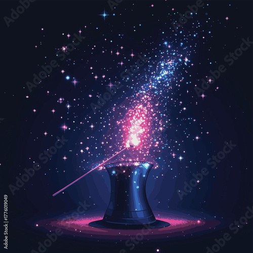 Enchanting magic hat and wand producing sparkles and stars for illusionary performances   , vector style simple color