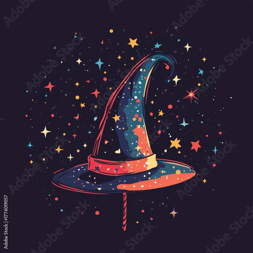 Enchanting magic hat and wand producing sparkles and stars for illusionary performances   , vector style simple color