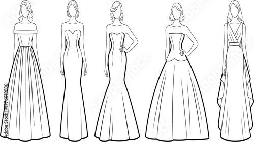 Fashion illustration of elegant women’s evening gowns, bridal dresses, designer wedding wear sketches, stylish formal outfits for fashion design reference